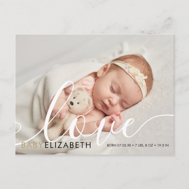 Baby Photo elegant Script Gold Love Hearts Birth Announcement Postcard (Front)