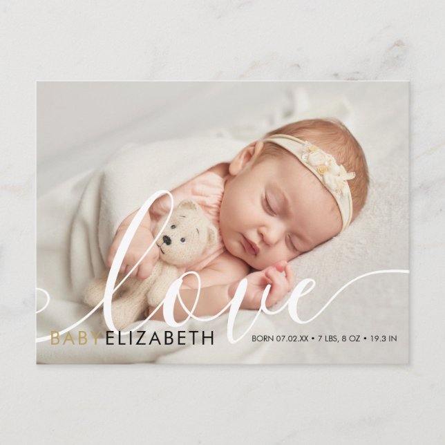 Baby Photo Elegant Script Love Thank You Birth Announcement Postcard (Front)