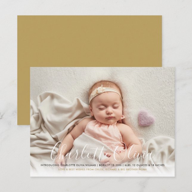 Baby Photo Elegant Script Name Gold Birth Announcement Postcard (Front/Back)