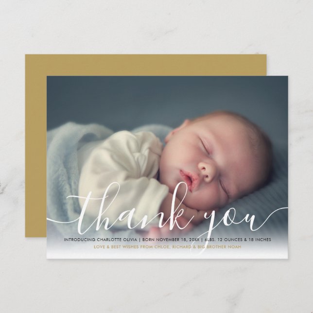 Baby Photo Elegant Script Thank You Gold Birth Ann Announcement Postcard (Front/Back)