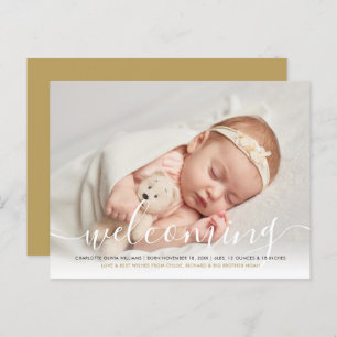 Baby Photo Elegant Script Welcoming Gold Birth Announcement Postcard