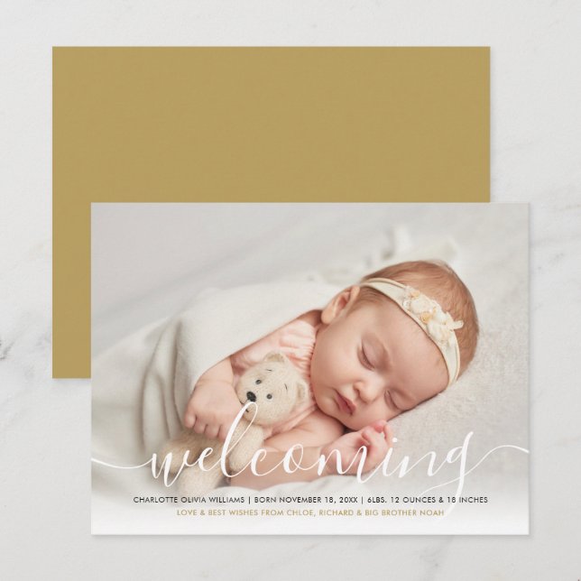 Baby Photo Elegant Script Welcoming Gold Birth Announcement Postcard (Front/Back)