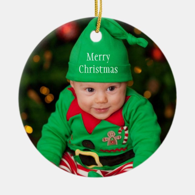 Baby Photo Elf Merry Christmas Ceramic Tree Decoration (Front)
