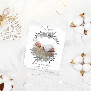 Baby Photo Eucalyptus Modern Grey Announcement