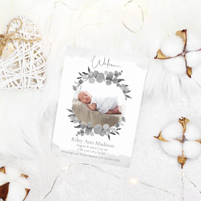 Baby Photo Eucalyptus Modern Grey Announcement (Creator Uploaded)