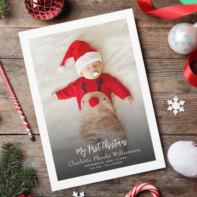 Baby Photo First Birth Stats Christmas Holiday Card (Baby Photo First Christmas Birth Stats Greetings Card)