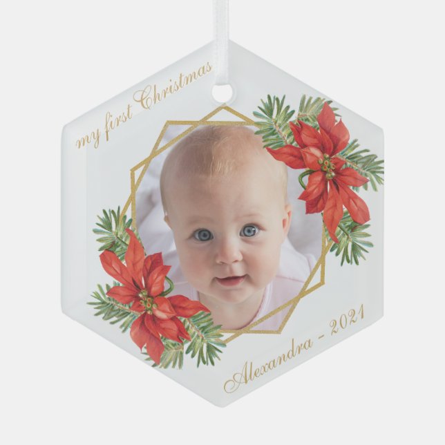 Baby Photo First Christmas Floral Gold Poinsettia Glass Tree Decoration (Front)