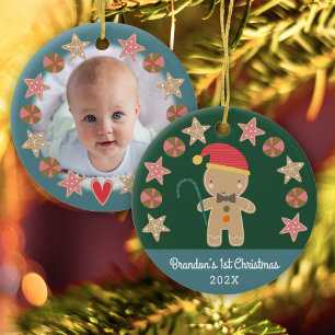 Baby Photo First Christmas Gingerbread Boy Green Ceramic Tree Decoration