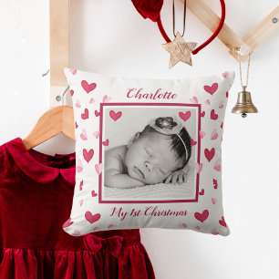 Baby Photo, First Christmas, Name, Hearts Cushion