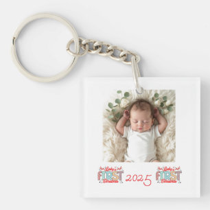 Baby Photo First Christmas Red Personalise Key Ring