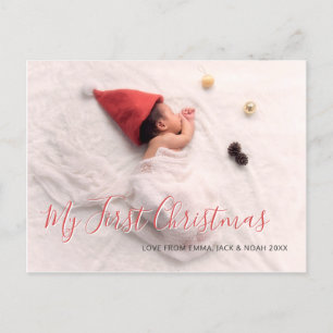 Baby Photo First Christmas Red Script Holiday Announcement Postcard