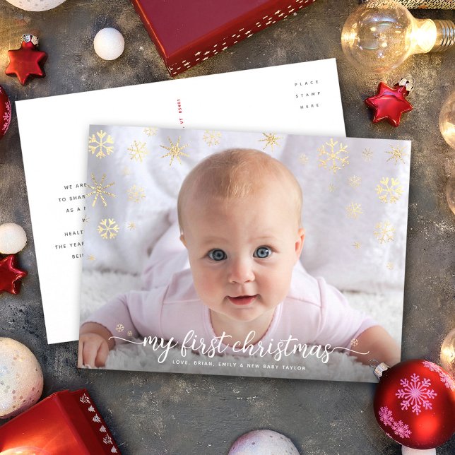 Baby Photo First Christmas Script Gold Snowflakes Holiday Postcard (Creator Uploaded)