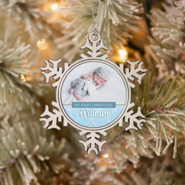 Baby Photo First Christmas Snowflake Pewter Christmas Ornament (Tree)