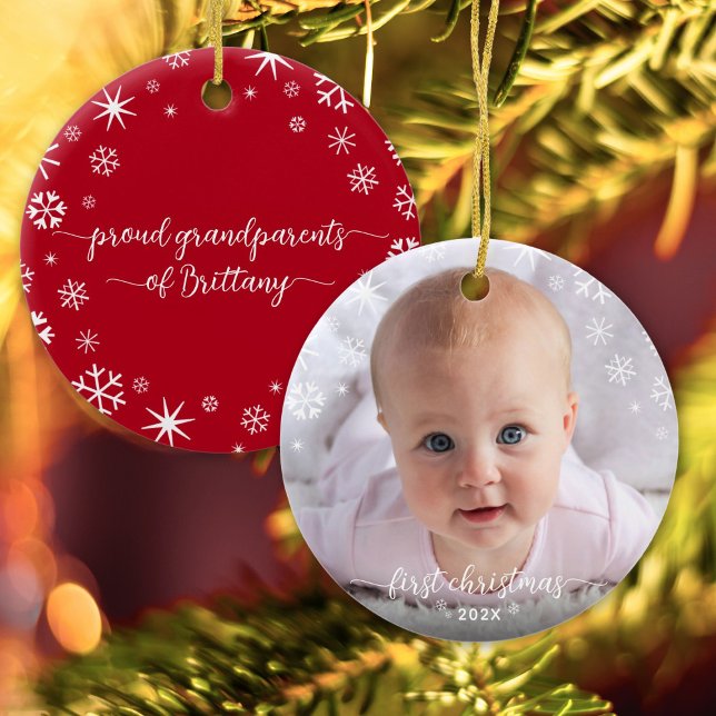 Baby Photo First Christmas Snowflakes Grandparents Ceramic Tree Decoration (Creator Uploaded)