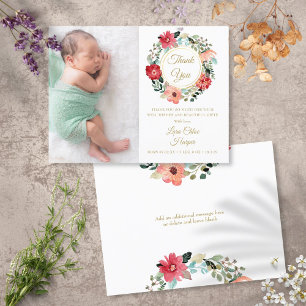 Baby Photo Floral Garland Gold Thank You Birth An Announcement Postcard