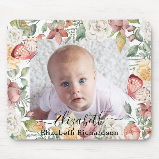 Baby Photo Floral Rose Pink Butterfly Botanical  Mouse Mat (Front)