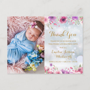 Baby Photo Floral Winter Snow Thank You Birth Announcement Postcard