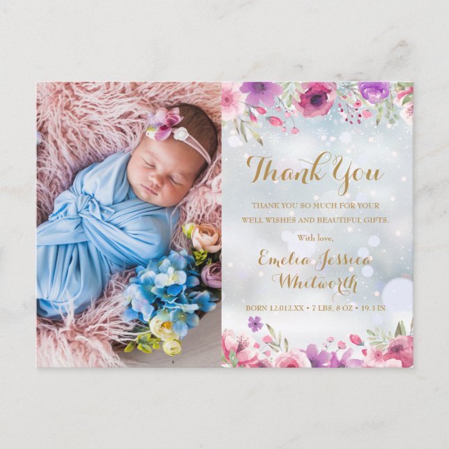 Baby Photo Floral Winter Snow Thank You Birth  Announcement Postcard (Front)