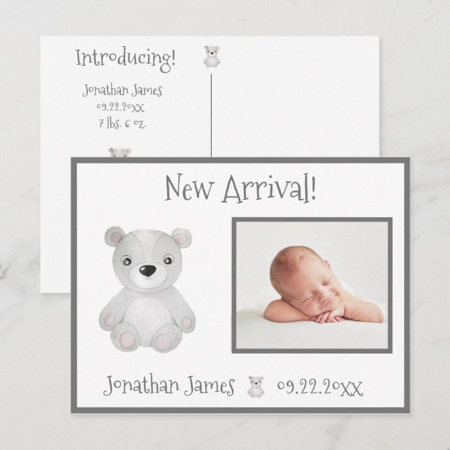 Baby Photo Gender Neutral Typography Name Stats Announcement Postcard (Front/Back)