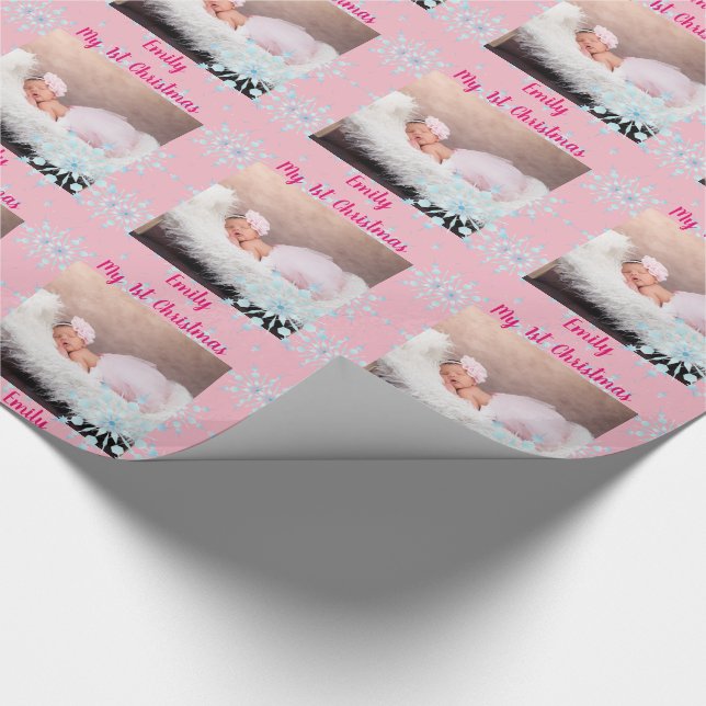 Baby PHOTO GiftWrap - 1st Christmas Pink Girl Wrapping Paper (Corner)