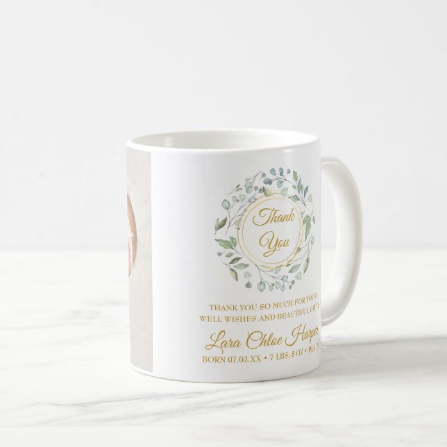 Baby Photo Greenery Gold Thank You Coffee Mug (Front Right)