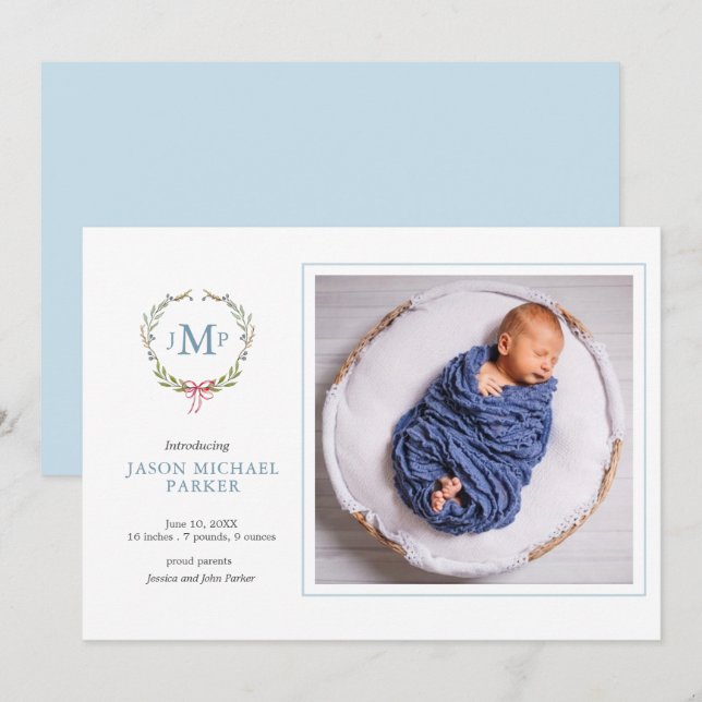 Baby  photo Greenery  monogrammed Announcement (Front/Back)