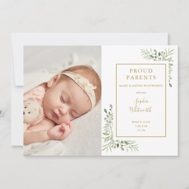 Baby Photo Greenery Script Birth Announcement (Front)
