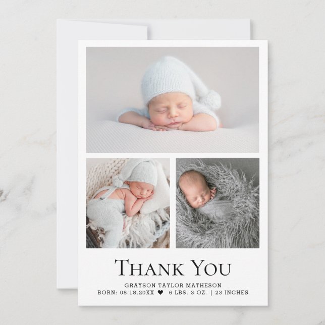 Baby Photo Grid Birth Stats Black White  Thank You Card (Front)
