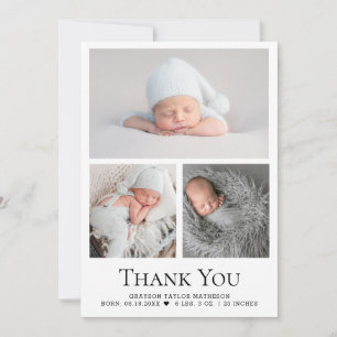 Baby Photo Grid Birth Stats Black White  Thank You Card