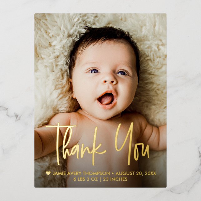 Baby Photo Handlettering Thank you Modern Birth  Foil Holiday Postcard (Front)