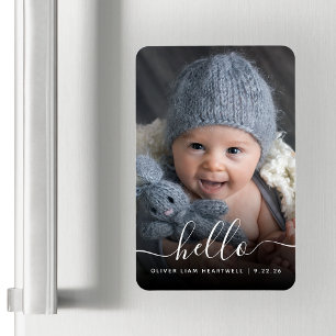 Baby Photo Hello White Script Birth Announcement Magnet