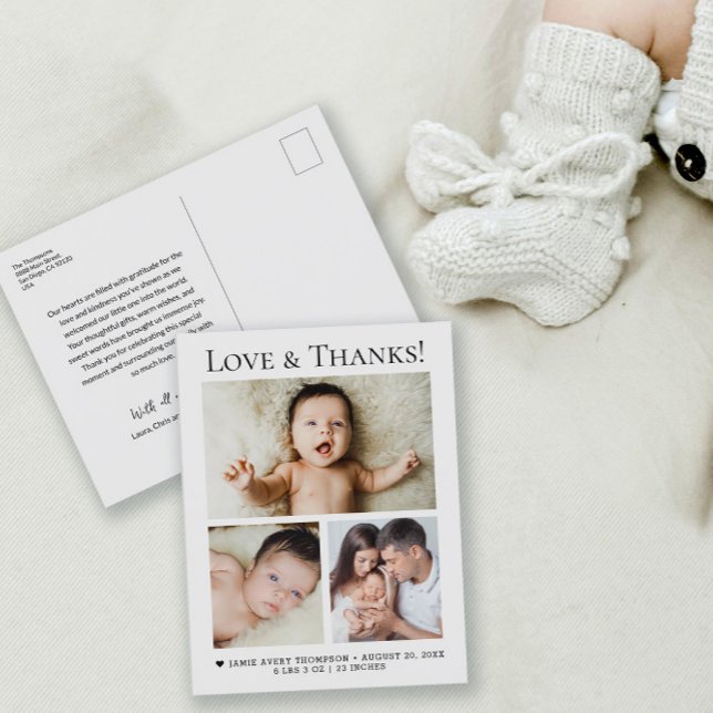 Baby Photo Love and Thanks Birth announcement  Postcard (Minimalist, modern Love and thanks, heart birth announcement 3 photo postcard.)