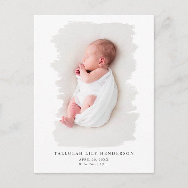 Baby Photo Minimalist White Paint Stroke Birth Announcement Postcard (Front)