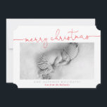BABY PHOTO modern calligraphy merry Christmas red Holiday Card<br><div class="desc">by kat massard >>> kat@simplysweetPAPERIE.com <<< Send and extra special message with style and pizzazz this year... Personalised with your details & photos my modern holiday products are sure to stand out from the flurry of greetings your friends and family will receive this season and will make a special memento...</div>
