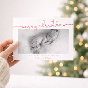 BABY PHOTO modern calligraphy merry Christmas red Holiday Card
