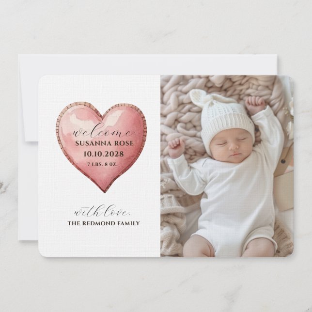 Baby Photo Modern Heart Birth Announcement Card (Front)