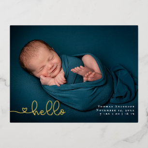 Baby Photo Modern Heart Calligraphy Birth Foil Holiday Postcard