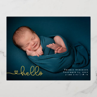 Baby Photo Modern Heart Calligraphy Birth Foil Holiday Postcard