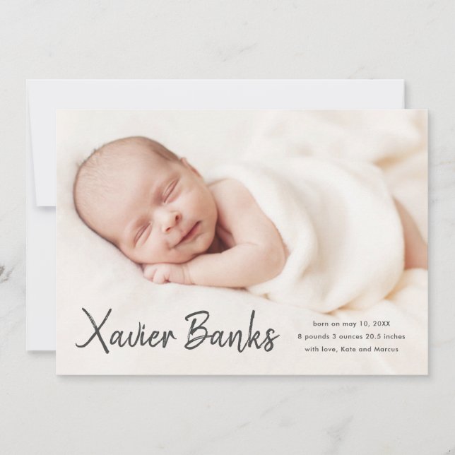 Baby photo modern script name birth announcement (Front)