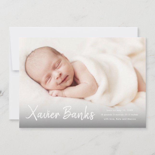 Baby photo modern script name birth announcement (Front)