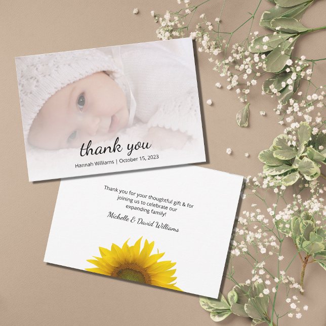 Baby Photo Modern Sunflower Simple Shower  Thank You Card (Creator Uploaded)