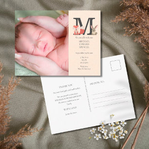 Baby Photo Monogram Birth Announcement Postcard