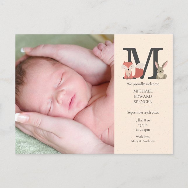 Baby Photo Monogram Woodland Animals Birth Announcement Postcard (Front)