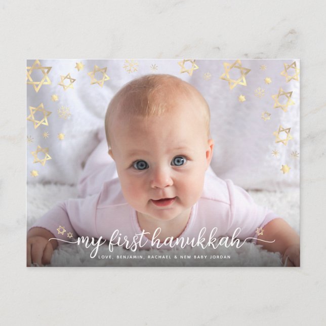 Baby Photo My First Hanukkah Script Star of David Holiday Postcard (Front)