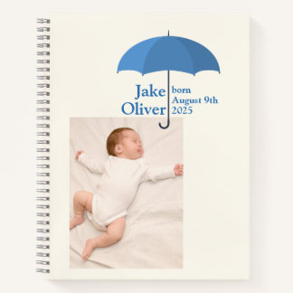 Baby Photo, Name, Date, Blue Umbrella Notebook