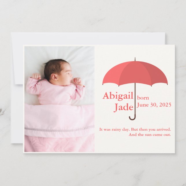 Baby Photo, Name, Date, Red Umbrella Announcement (Front)