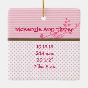 Baby Photo Ornament with Births Stats Pink Dots