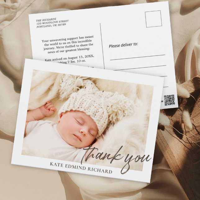 Baby Photo Overlay Thank You Birth Announcement  Postcard (Creator Uploaded)