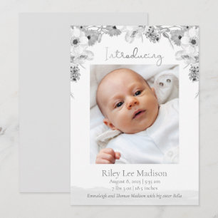 Baby Photo Peach Modern Grey Floral Announcement