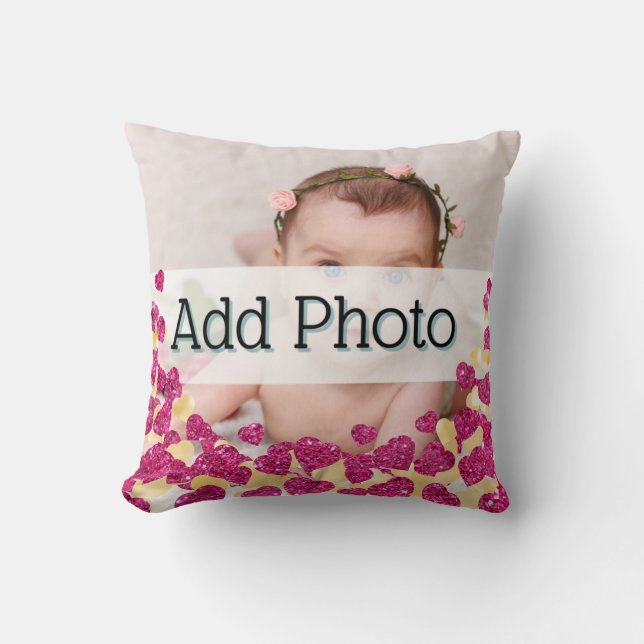 Baby Photo Pink and Gold Glitter Heart Modern love Cushion (Front)